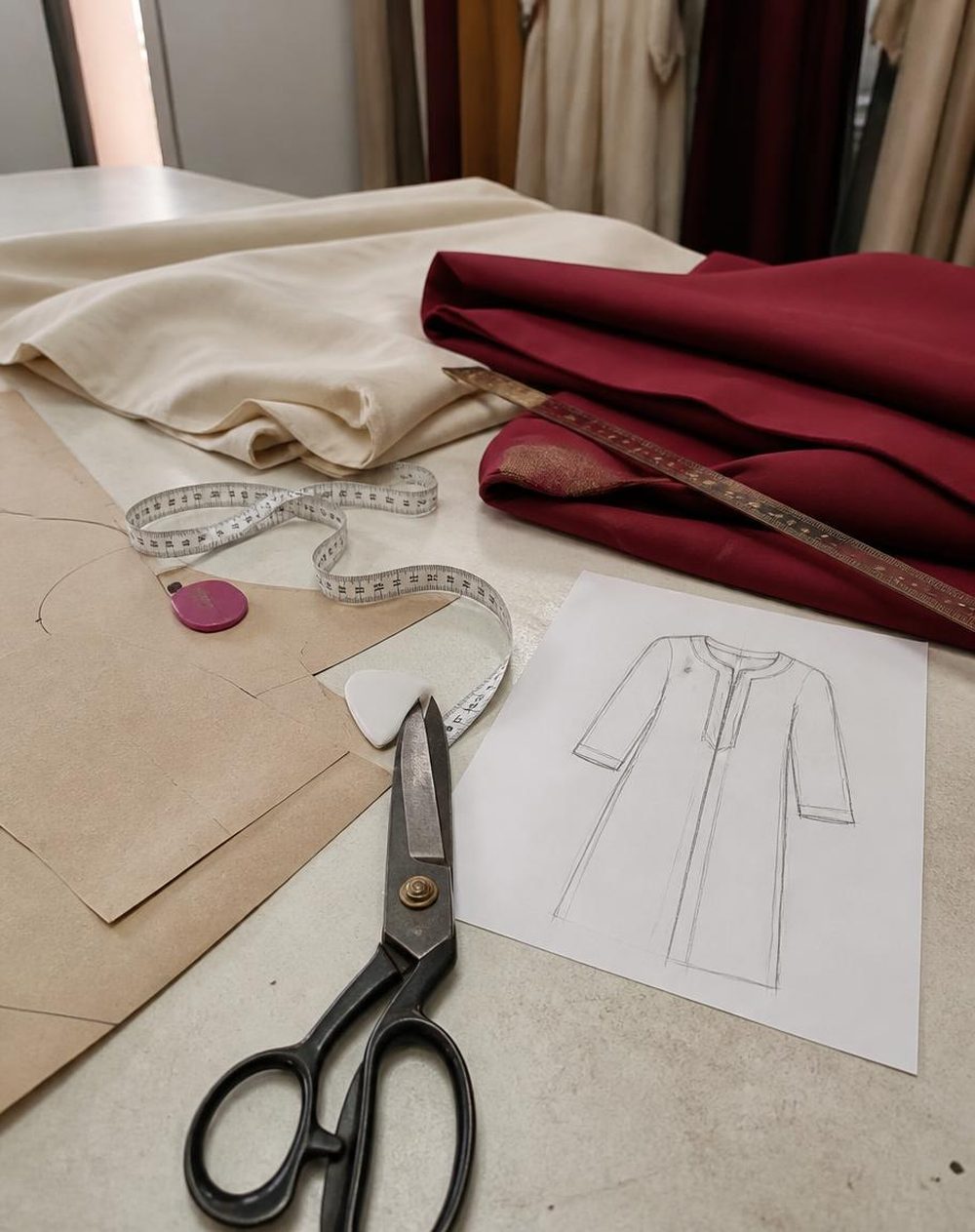 Fabric, scissors, measuring tape and a hand drawn suit design on the cutting table