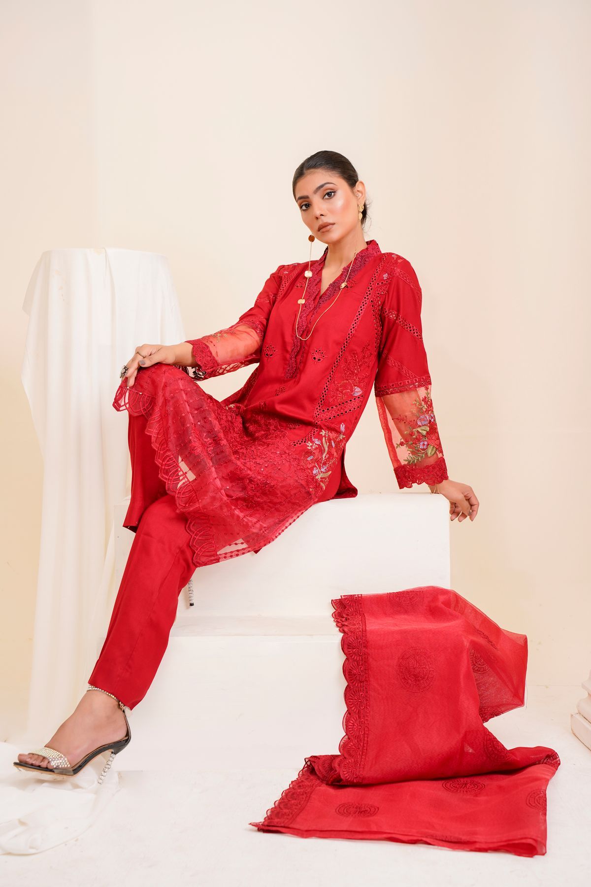Red Pakistani ladies suit with embroidered shirt and dupatta
