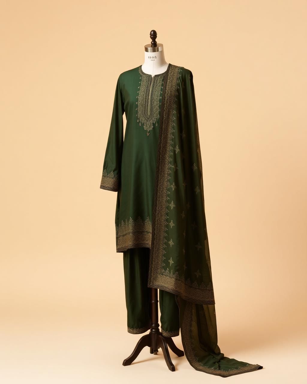 Green three piece Pakistani suit with dupatta on a dress form