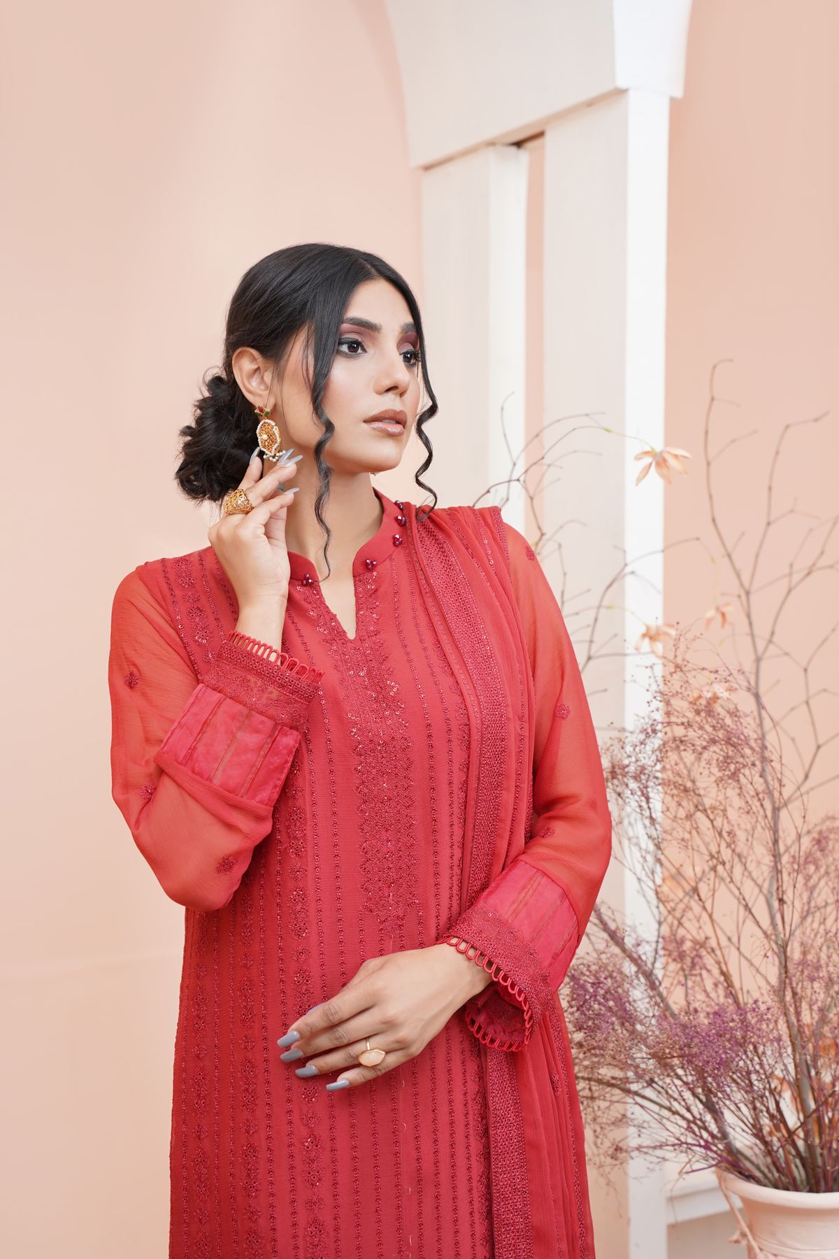 Red Pakistani ladies suit with embroidered front panel