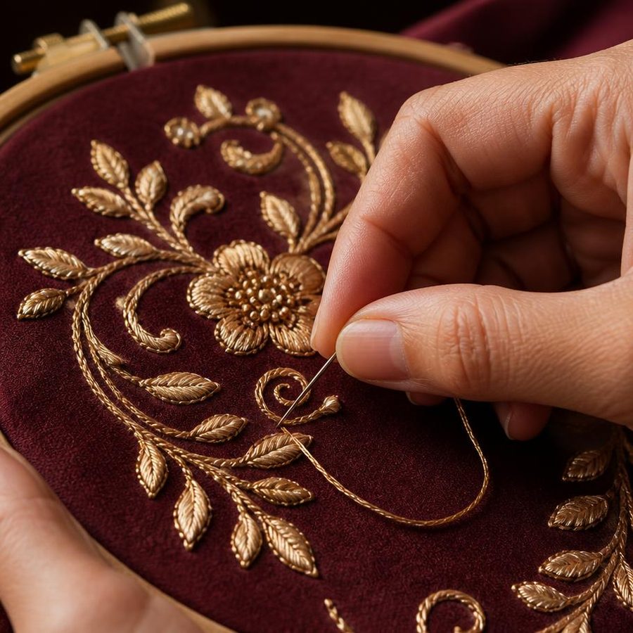 Hand embroidery worked in gold thread on deep maroon fabric