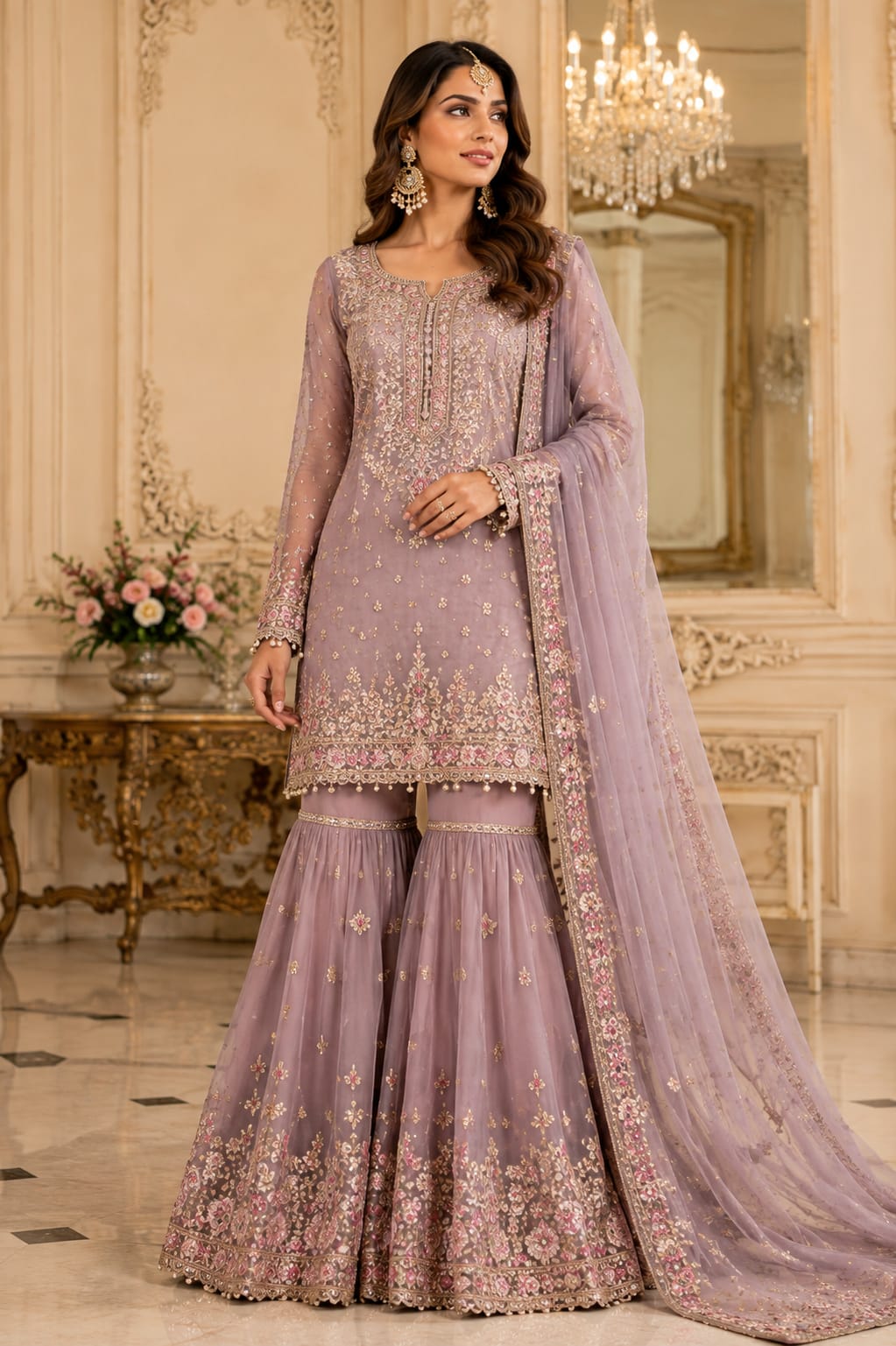 Lilac embroidered gharara with a matching kameez and net dupatta