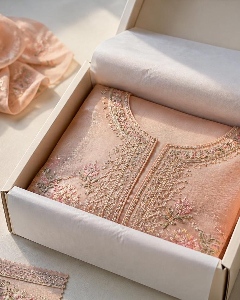 Stitched Pakistani ladies suit folded into a box ready for an overseas order