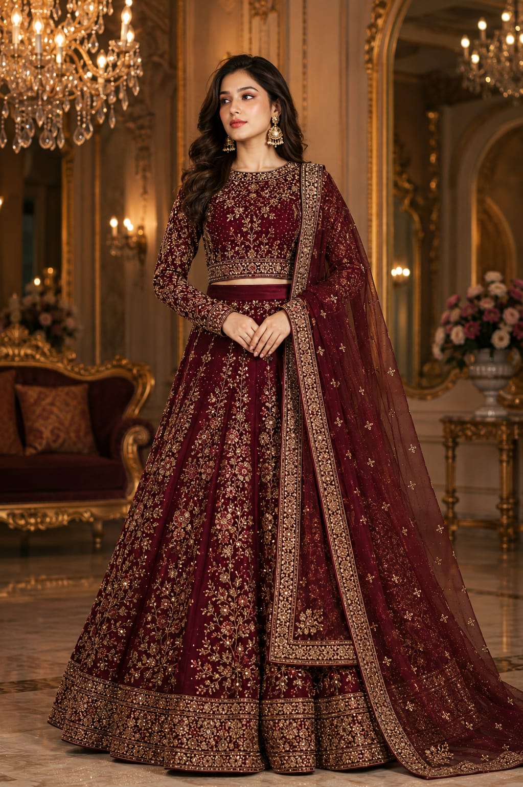 Deep maroon lehenga choli embroidered in gold, with a net dupatta