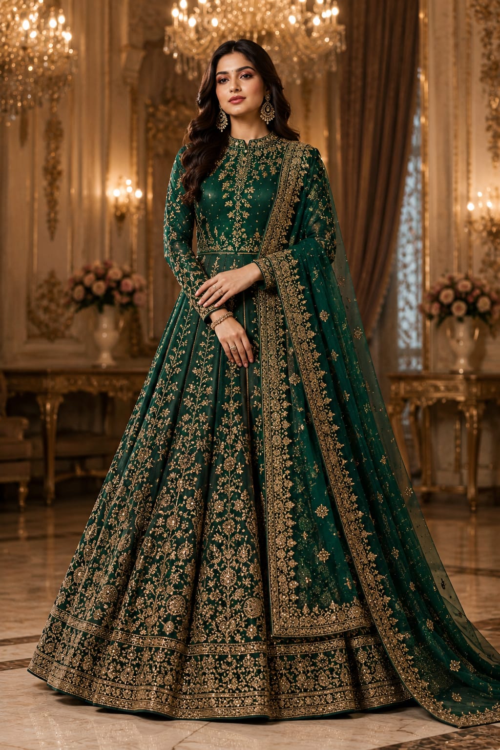 Emerald green floor length maxi embroidered in gold thread