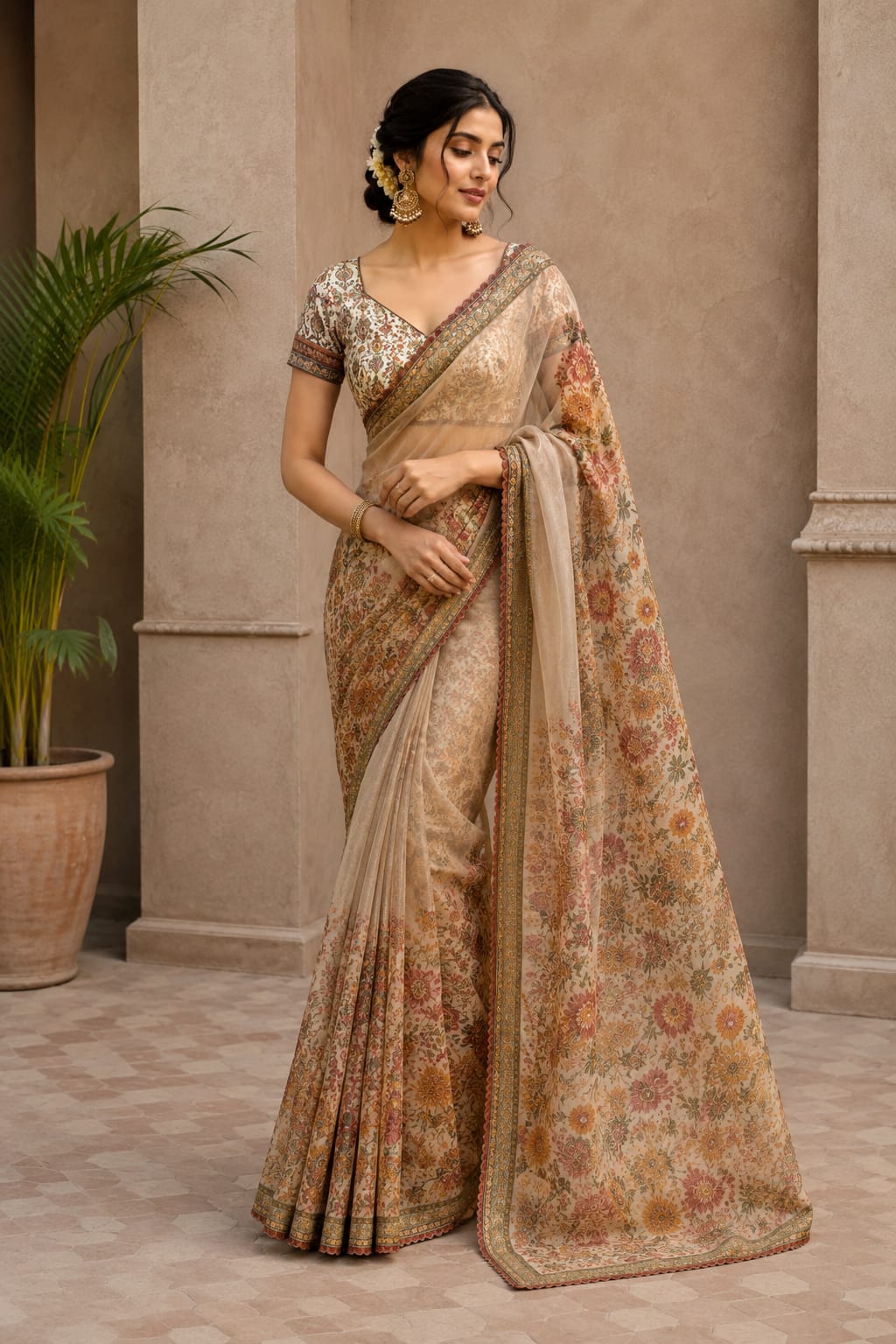 Champagne floral saree with a matching embroidered blouse