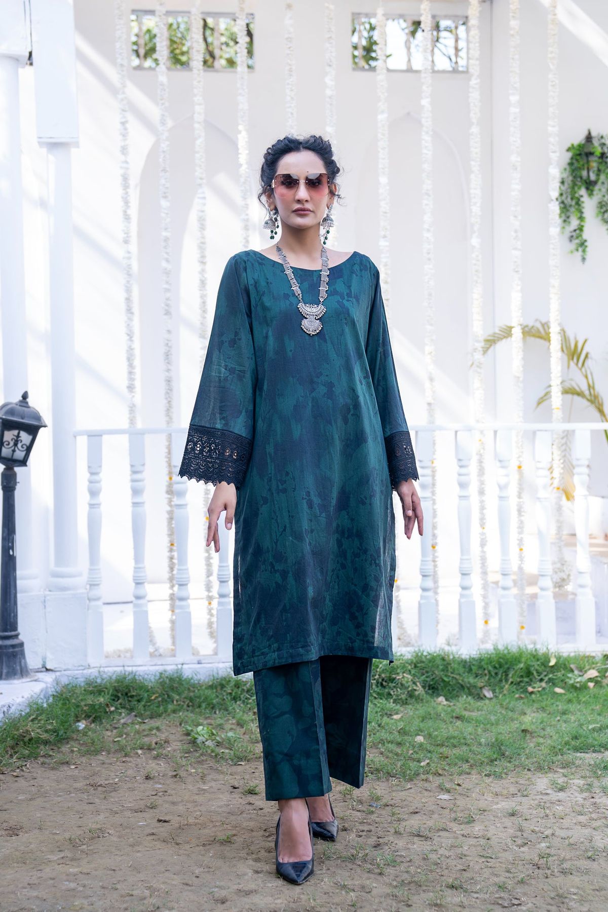 Dark teal printed lawn two piece suit, shirt and straight trouser