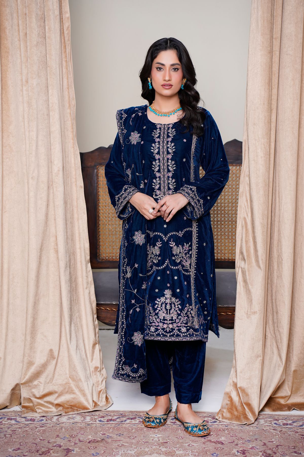Navy velvet formal Pakistani ladies suit with embroidery